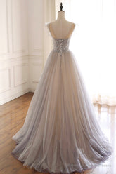 A-Line Scoop Neckline Tulle Long Prom Dress with Beaded, Evening Party Dress